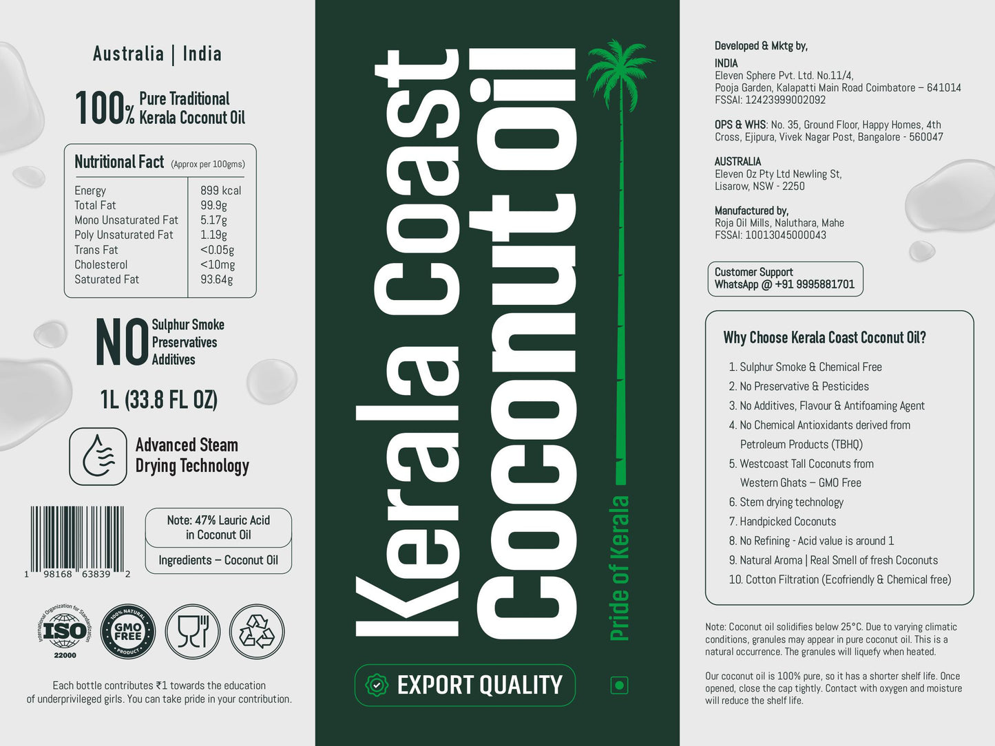 COCONUT OIL FOR COOKING - 100% PURE - 1 ltr